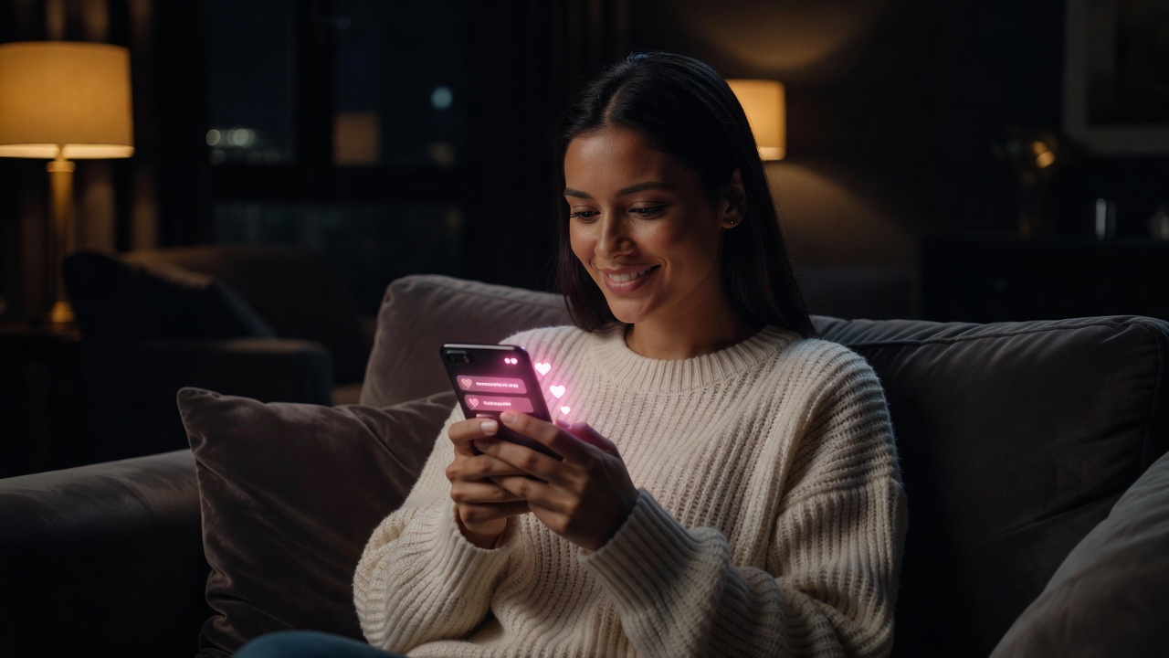 Person holding a phone showing a chat with an AI companion app, soft evening light